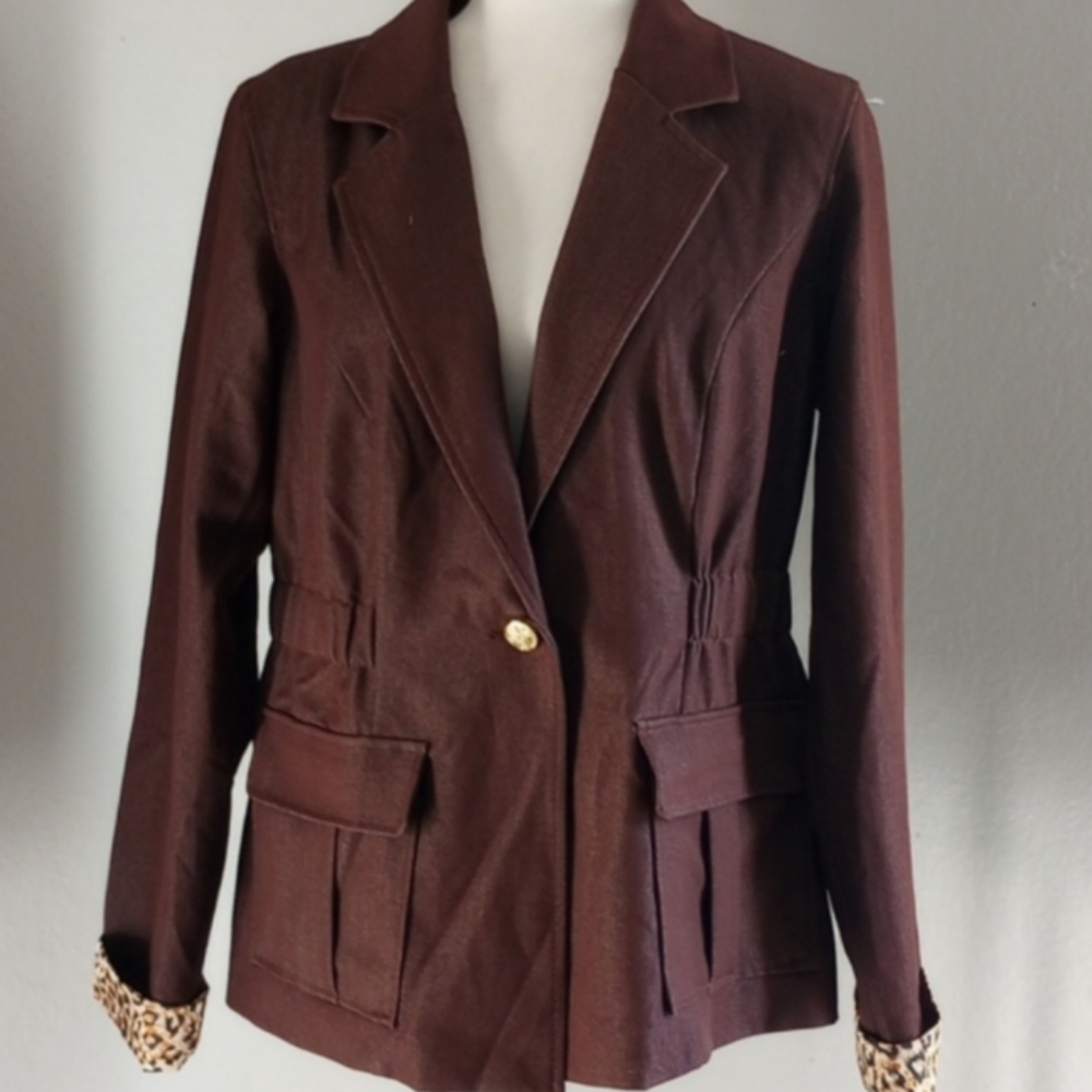 NWT IMAN Jacket & Pant Suit Women's 2XS Leopard Animal Silk Like Fabric 1 Button